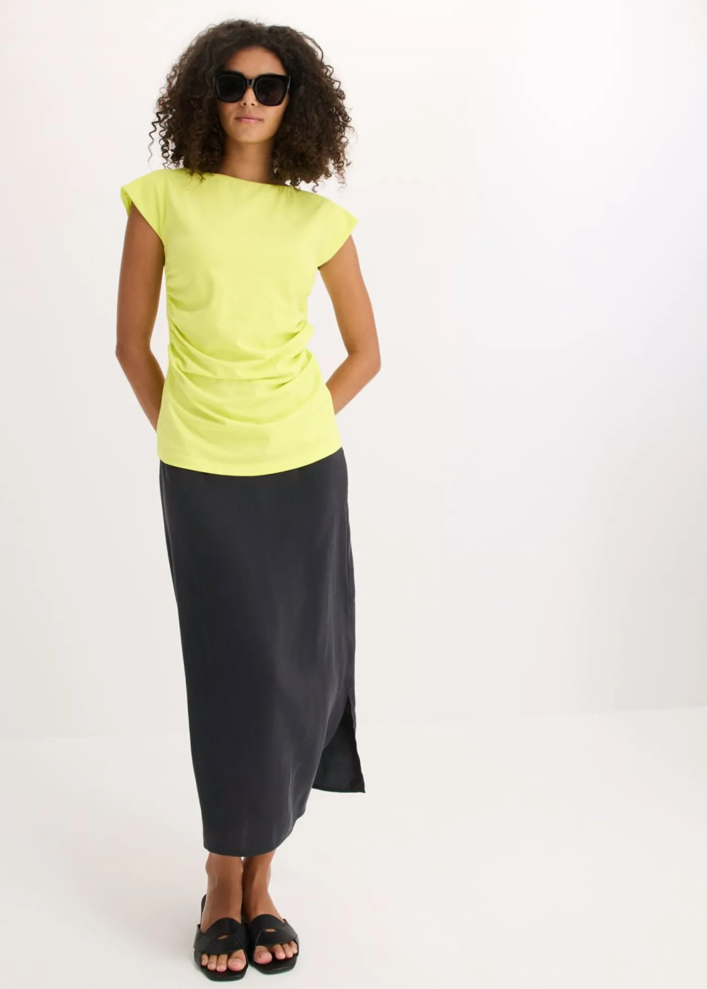 bonprix bonprix Camiseta de algodón con elástico Amarillo cítrico Sale