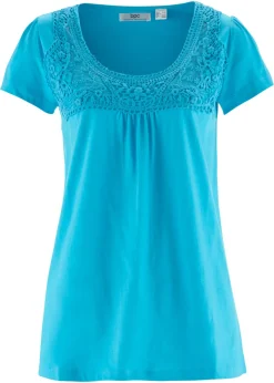 bonprix bonprix Camiseta de algodón con encaje y manga corta azul caribe Discount