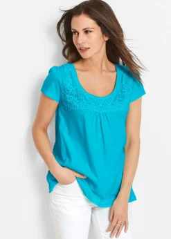 bonprix bonprix Camiseta de algodón con encaje y manga corta azul caribe Discount