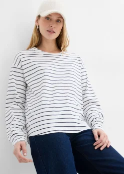 bonprix bonprix Camiseta de algodón orgánico puro con manga larga Blanco-azul marino con rayas Hot