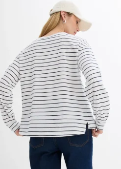 bonprix bonprix Camiseta de algodón orgánico puro con manga larga Blanco-azul marino con rayas Hot