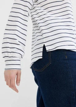 bonprix bonprix Camiseta de algodón orgánico puro con manga larga Blanco-azul marino con rayas Hot