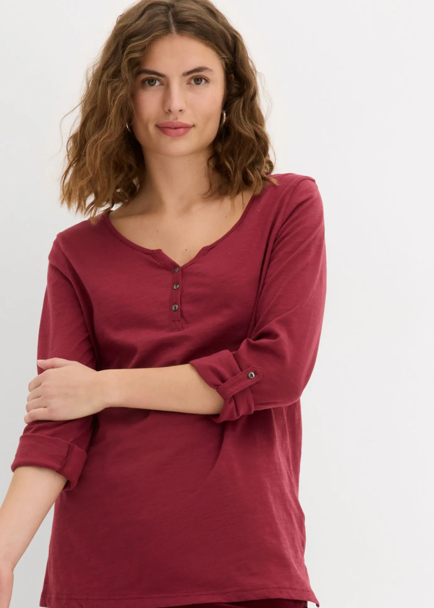 bonprix bonprix Camiseta de algodón orgánico puro con botones Burdeos Sale