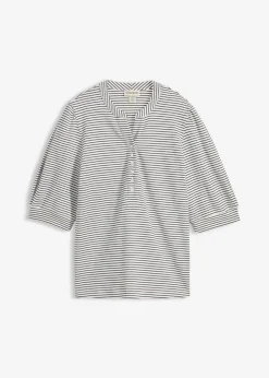 bonprix bonprix Camiseta de algodón orgánico puro blanco perla/azul marino con rayas Clearance