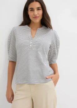 bonprix bonprix Camiseta de algodón orgánico puro blanco perla/azul marino con rayas Clearance