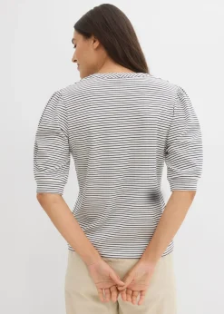 bonprix bonprix Camiseta de algodón orgánico puro blanco perla/azul marino con rayas Clearance