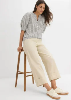 bonprix bonprix Camiseta de algodón orgánico puro blanco perla/azul marino con rayas Clearance