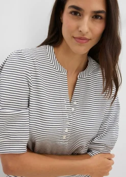 bonprix bonprix Camiseta de algodón orgánico puro blanco perla/azul marino con rayas Clearance