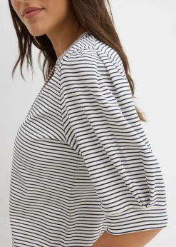 bonprix bonprix Camiseta de algodón orgánico puro blanco perla/azul marino con rayas Clearance