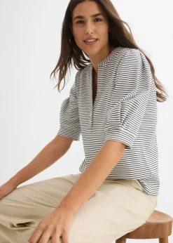 bonprix bonprix Camiseta de algodón orgánico puro blanco perla/azul marino con rayas Clearance