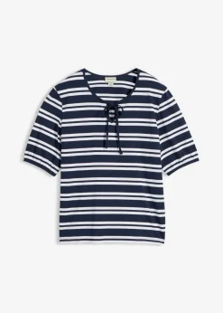 bonprix bonprix Camiseta de algodón orgánico puro azul marino-blanco con rayas