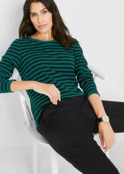 bonprix bonprix Camiseta de algodón orgánico puro con manga larga negro / verde intenso con rayas