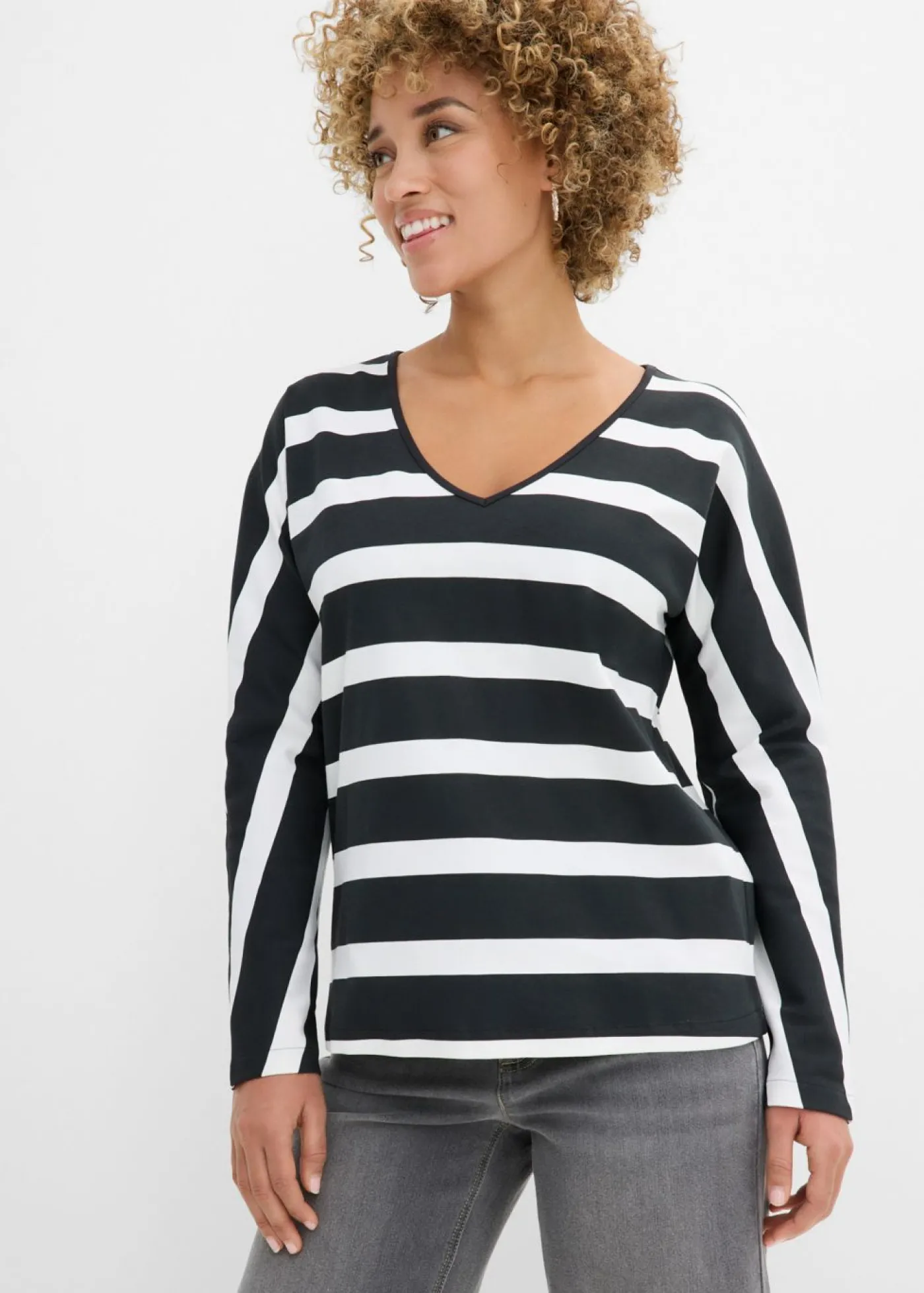 bonprix bonprix Camiseta de algodón orgánico puro con manga larga negro-blanco lana con rayas Clearance