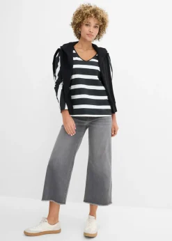 bonprix bonprix Camiseta de algodón orgánico puro con manga larga negro-blanco lana con rayas Clearance