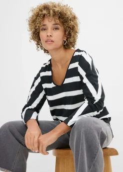 bonprix bonprix Camiseta de algodón orgánico puro con manga larga negro-blanco lana con rayas Clearance