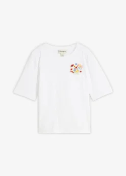 bonprix bonprix Camiseta de algodón orgánico puro con bordado blanco con flores Discount