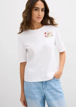 bonprix bonprix Camiseta de algodón orgánico puro con bordado blanco con flores Discount