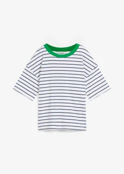 bonprix bonprix Camiseta de algodón orgánico puro Blanco-azul almirante-verde hierba de rayas Hot