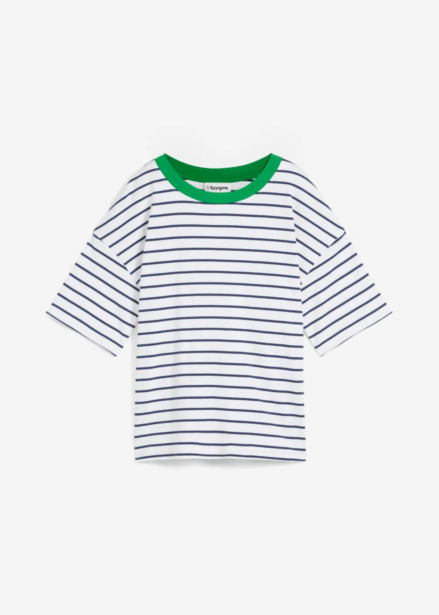 bonprix bonprix Camiseta de algodón orgánico puro Blanco-azul almirante-verde hierba de rayas Hot