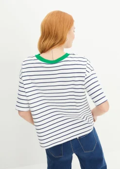 bonprix bonprix Camiseta de algodón orgánico puro Blanco-azul almirante-verde hierba de rayas Hot
