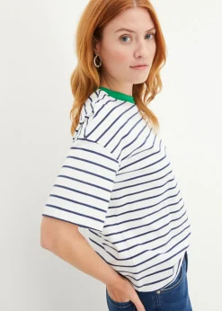 bonprix bonprix Camiseta de algodón orgánico puro Blanco-azul almirante-verde hierba de rayas Hot