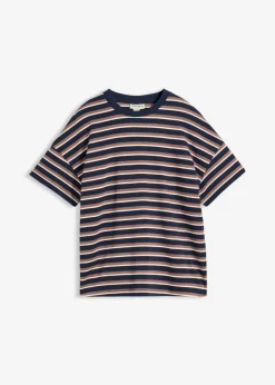bonprix bonprix Camiseta de algodón orgánico puro azul marino-marrón castaño-blanco perla