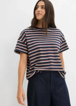 bonprix bonprix Camiseta de algodón orgánico puro azul marino-marrón castaño-blanco perla