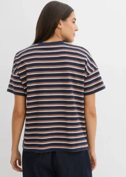 bonprix bonprix Camiseta de algodón orgánico puro azul marino-marrón castaño-blanco perla