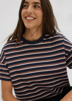 bonprix bonprix Camiseta de algodón orgánico puro azul marino-marrón castaño-blanco perla