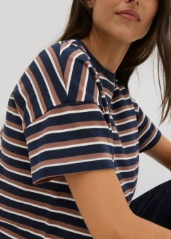 bonprix bonprix Camiseta de algodón orgánico puro azul marino-marrón castaño-blanco perla