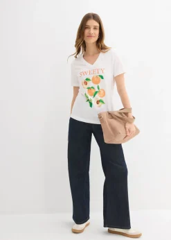 bonprix bonprix Camiseta de algodón orgánico puro blanco-canela-marrón claro-óxido-verde oscuro-vainilla-verde pera-nectarina Outlet