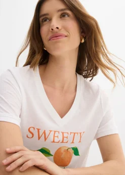 bonprix bonprix Camiseta de algodón orgánico puro blanco-canela-marrón claro-óxido-verde oscuro-vainilla-verde pera-nectarina Outlet