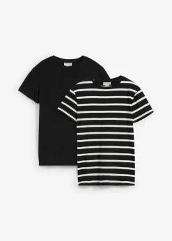 bonprix bonprix Camiseta de algodón orgánico puro (2 unidades) negro-blanco lana con rayas Discount