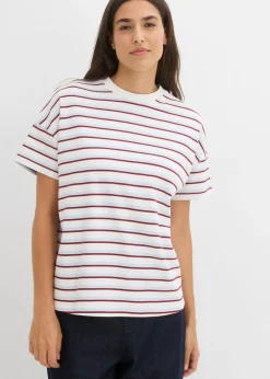 bonprix bonprix Camiseta de algodón orgánico puro blanco-azul pálido-rojo rubí