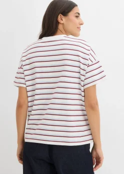 bonprix bonprix Camiseta de algodón orgánico puro blanco-azul pálido-rojo rubí