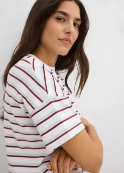 bonprix bonprix Camiseta de algodón orgánico puro blanco-azul pálido-rojo rubí