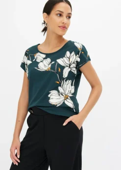 bonprix bonprix Camiseta de algodón orgánico con estampado de flores Verde intenso