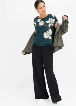 bonprix bonprix Camiseta de algodón orgánico con estampado de flores Verde intenso
