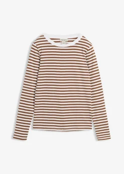 bonprix bonprix Camiseta de algodón orgánico puro con manga larga Marrón pimiento/blanco de rayas Hot
