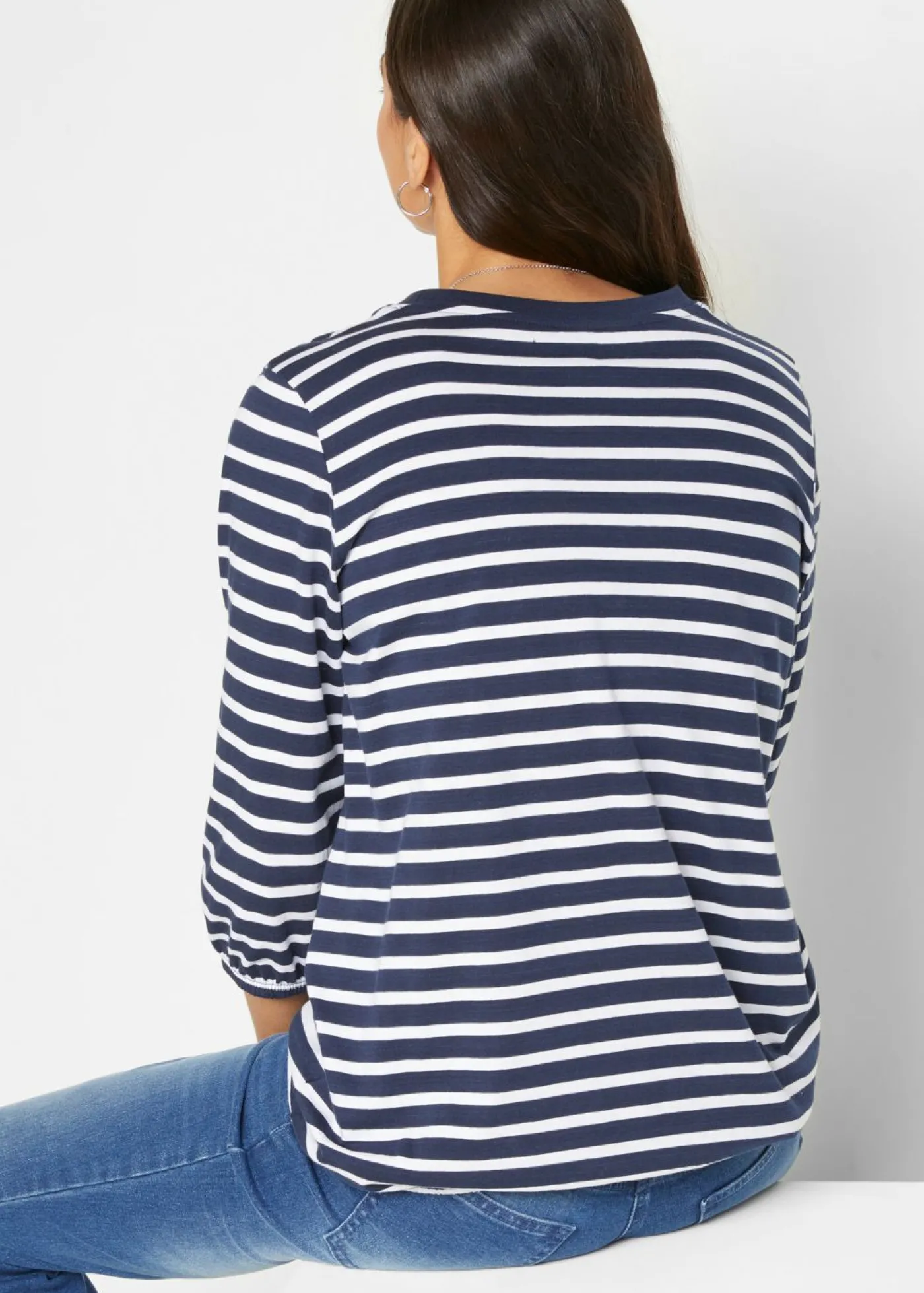 bonprix bonprix Camiseta de algodón orgánico Azul oscuro-blanco de rayas Online