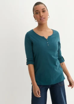 bonprix bonprix Camiseta de algodón orgánico puro con botones Petróleo azul Sale