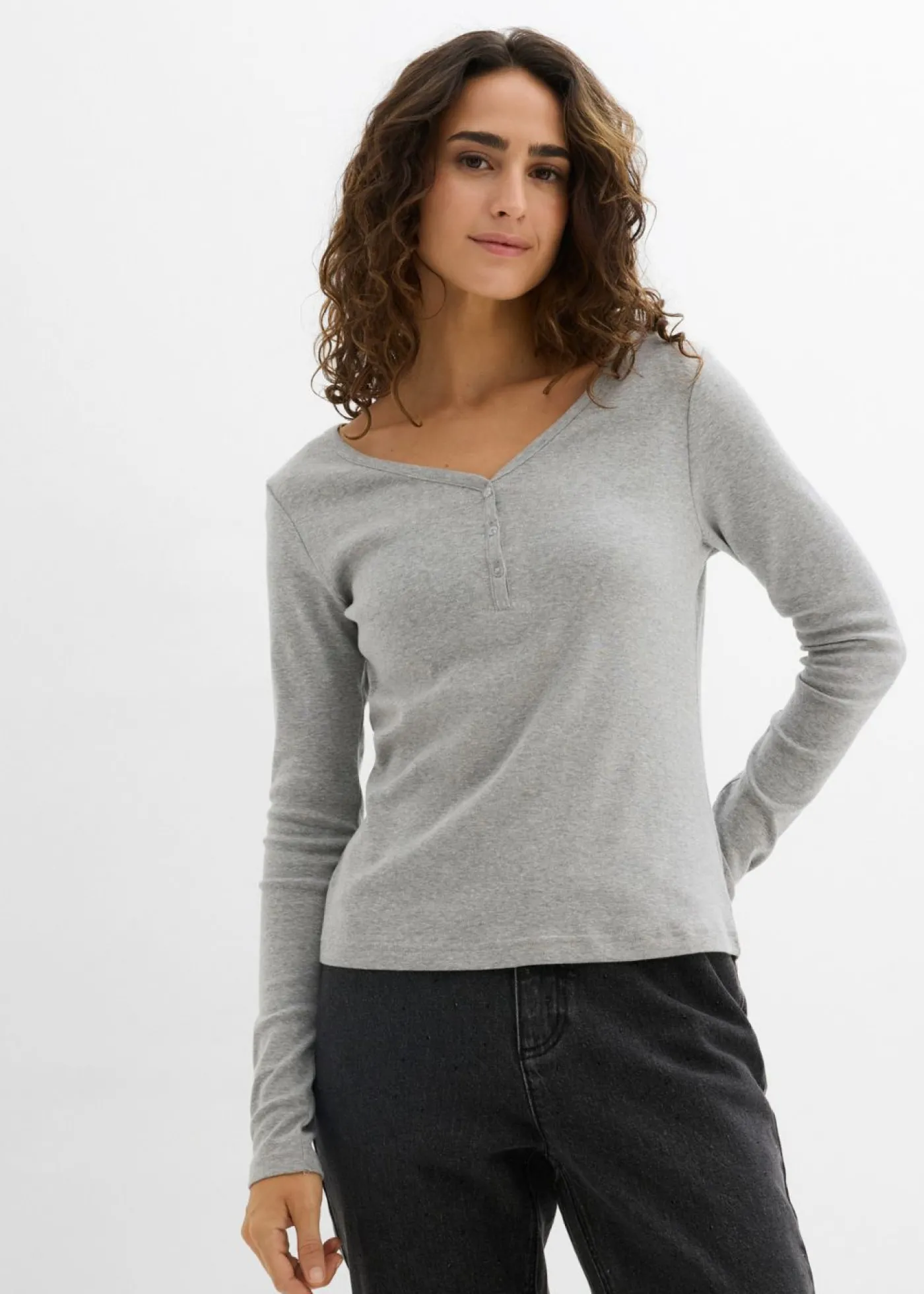 bonprix bonprix Camiseta de algodón orgánico puro con manga larga gris claro jaspeado moteado New