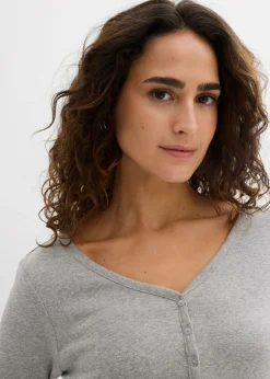 bonprix bonprix Camiseta de algodón orgánico puro con manga larga gris claro jaspeado moteado New