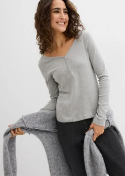 bonprix bonprix Camiseta de algodón orgánico puro con manga larga gris claro jaspeado moteado New