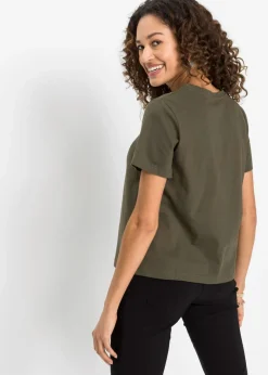 bonprix bonprix Camiseta de algodón puro Verde oliva oscuro estampado Outlet