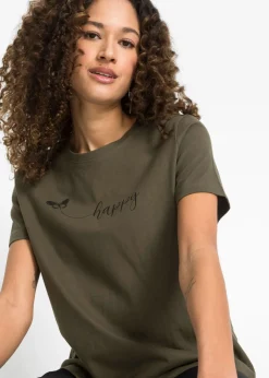 bonprix bonprix Camiseta de algodón puro Verde oliva oscuro estampado Outlet