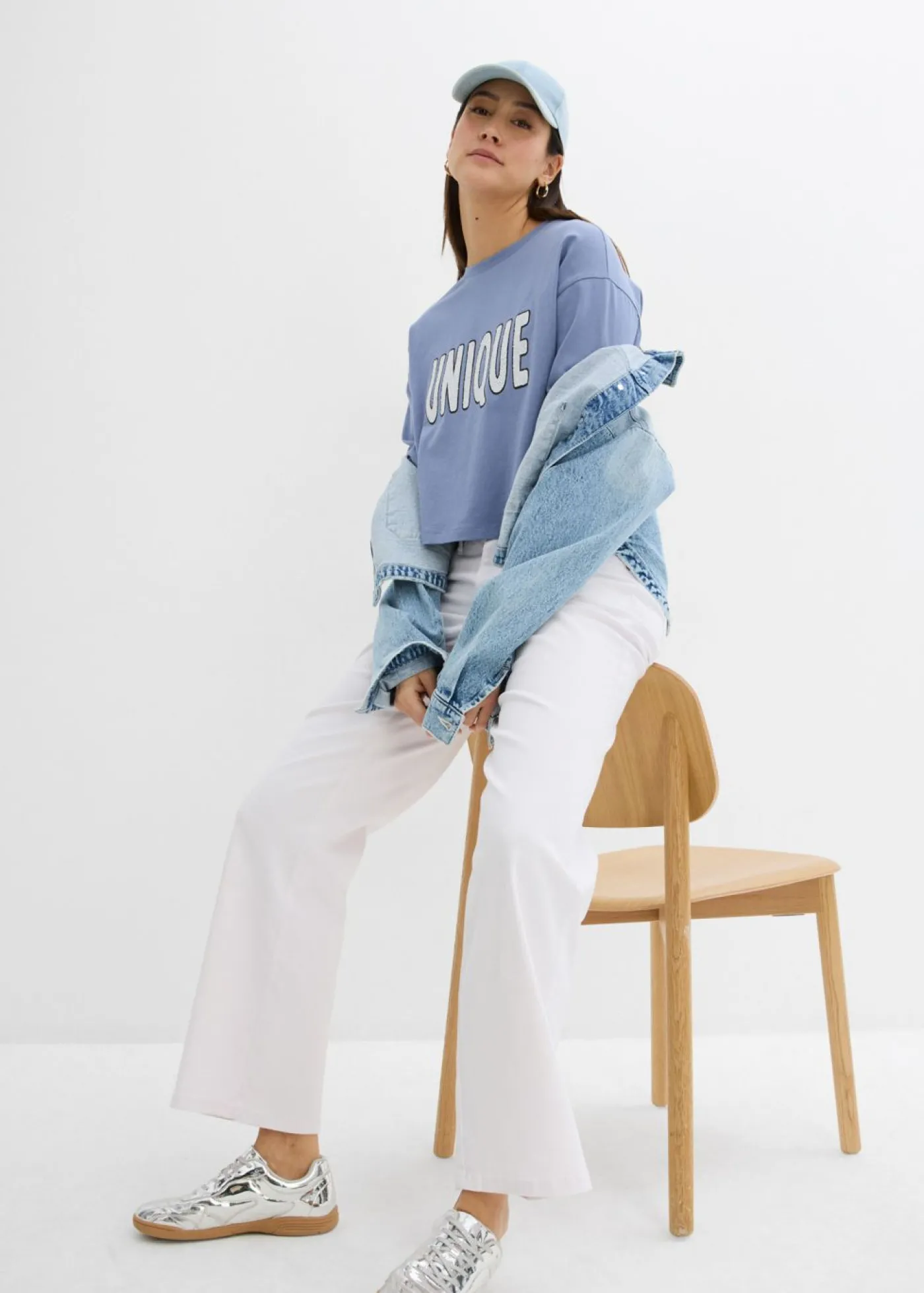bonprix bonprix Camiseta de algodón puro Azul-blanco Clearance
