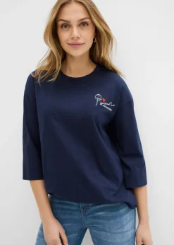 bonprix bonprix Camiseta de algodón puro con corte boxy Azul marino + blanco lana Discount