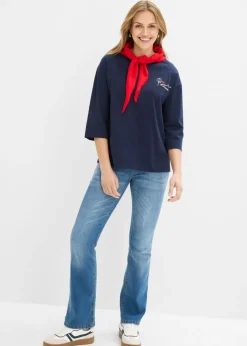 bonprix bonprix Camiseta de algodón puro con corte boxy Azul marino + blanco lana Discount