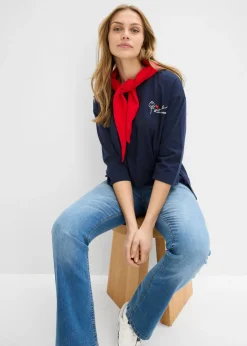 bonprix bonprix Camiseta de algodón puro con corte boxy Azul marino + blanco lana Discount